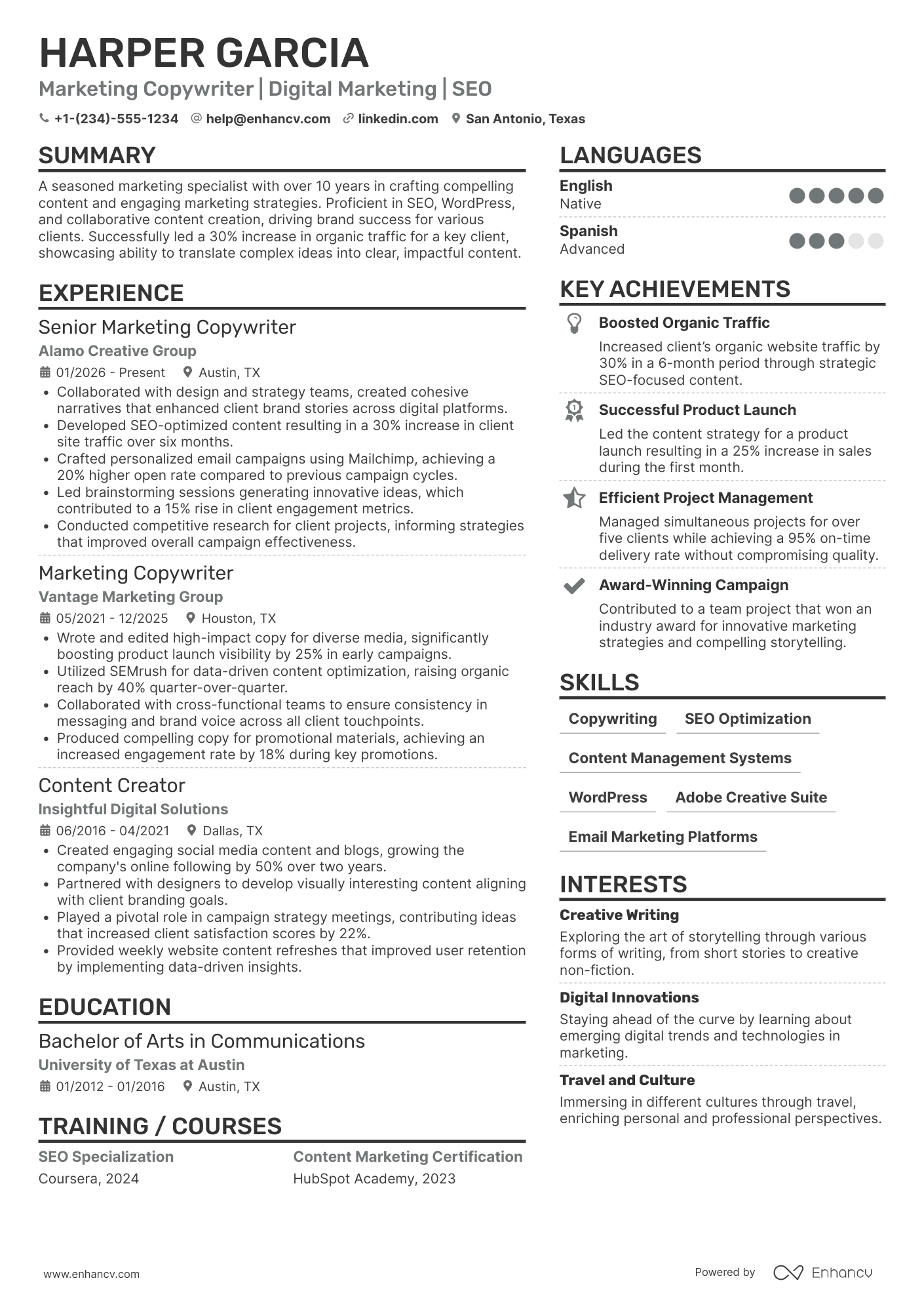 Marketing Copywriter Resume Example