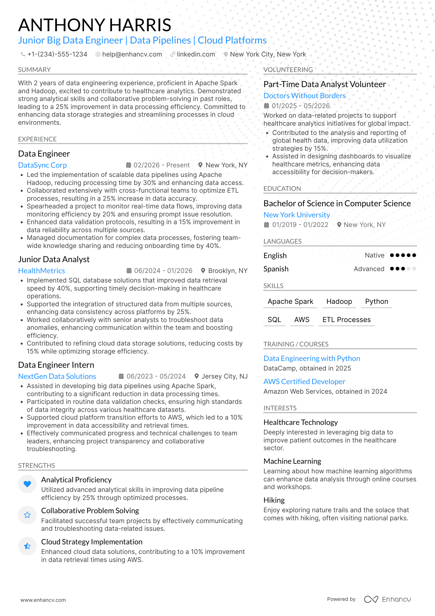 Junior Big Data Engineer Resume Example