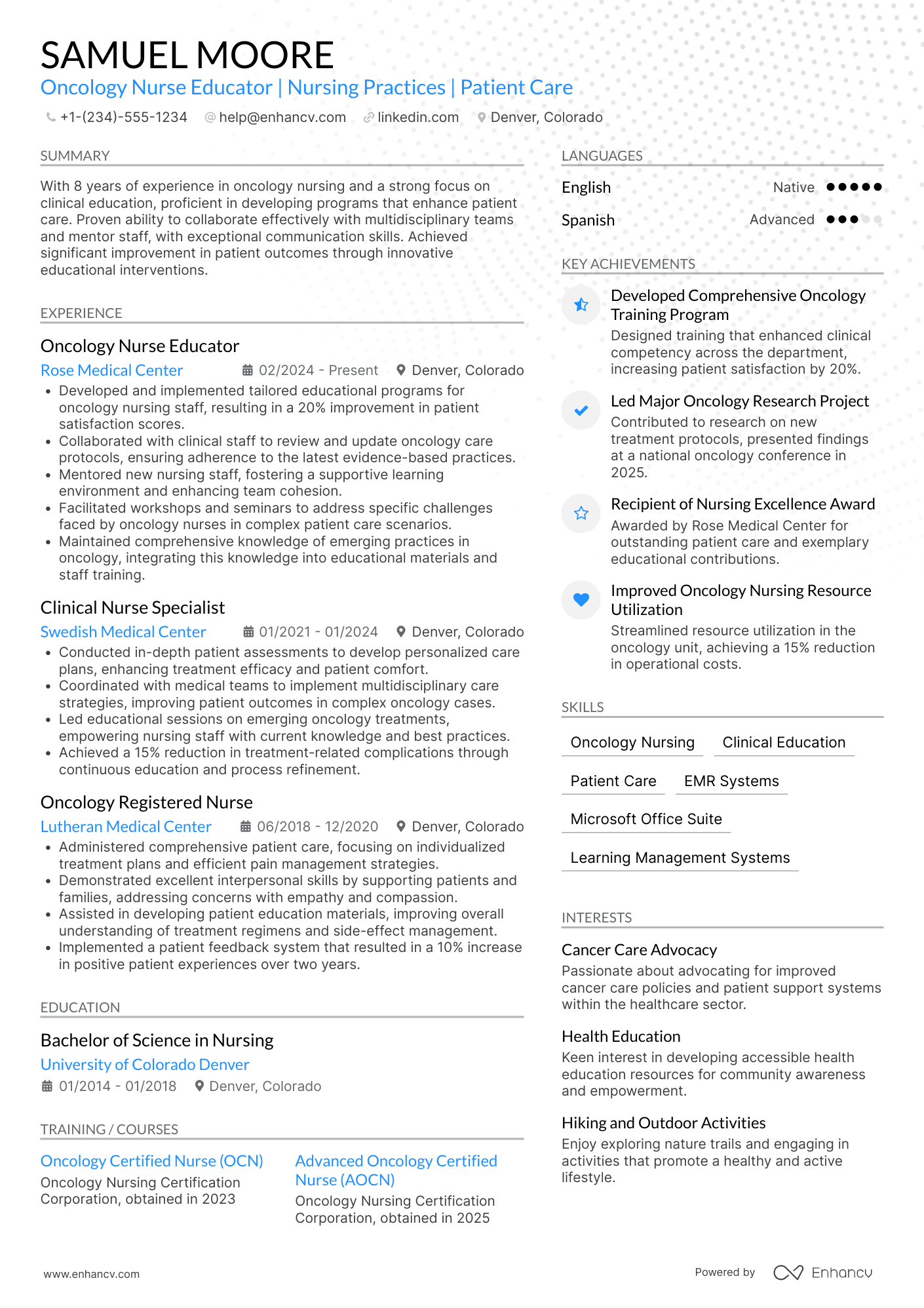 Oncology Nurse Educator Resume Example