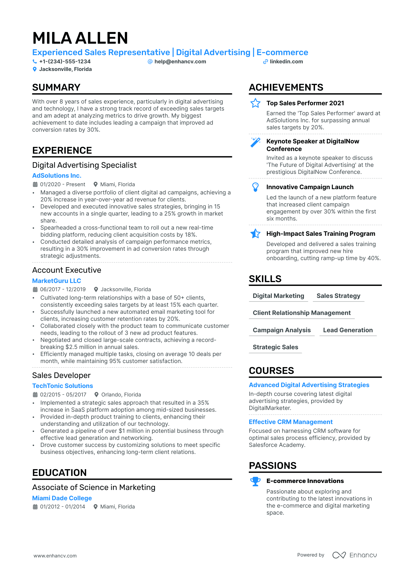 Advertising Sales Representative Resume Example