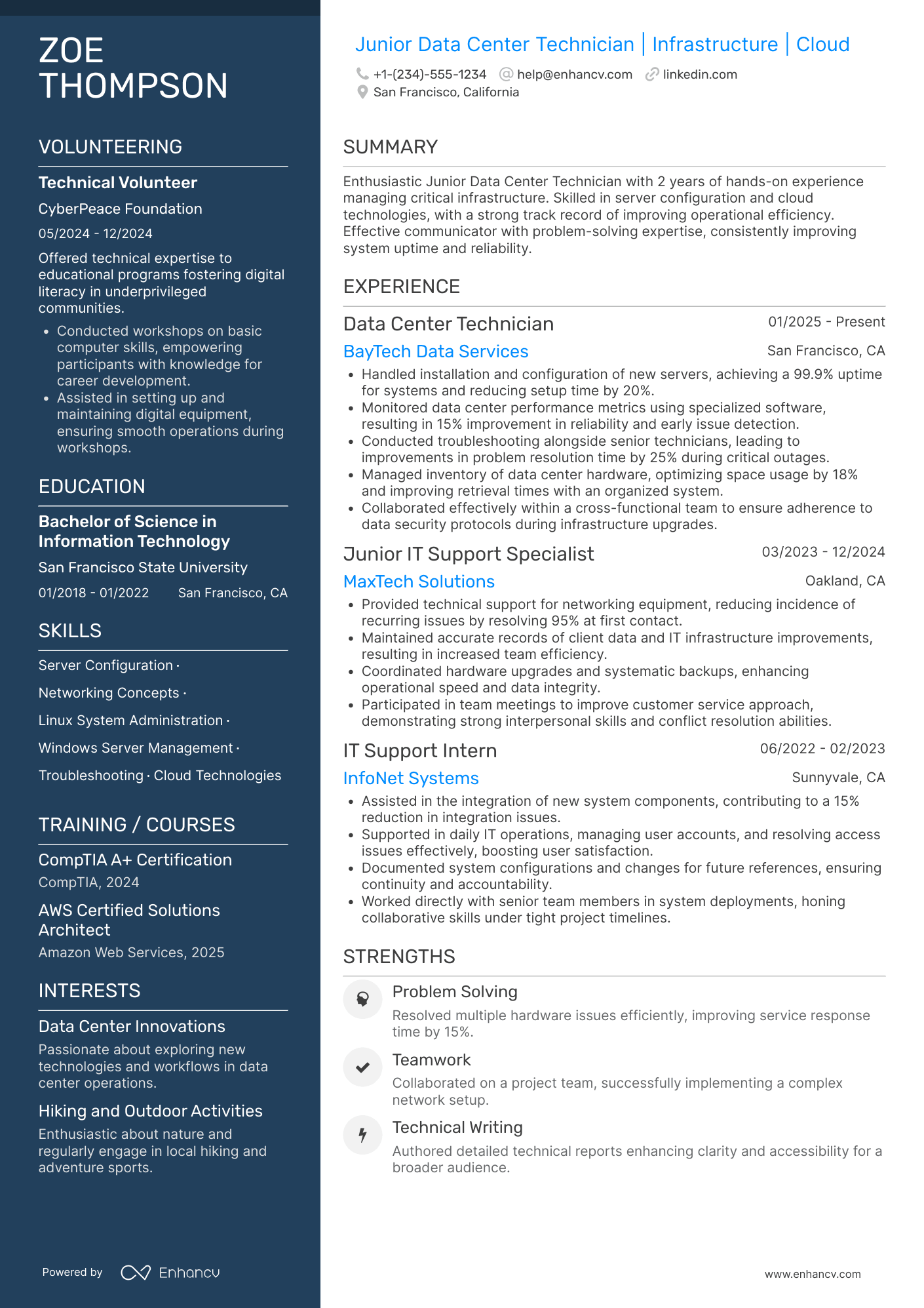 Junior Data Center Technician Resume Example