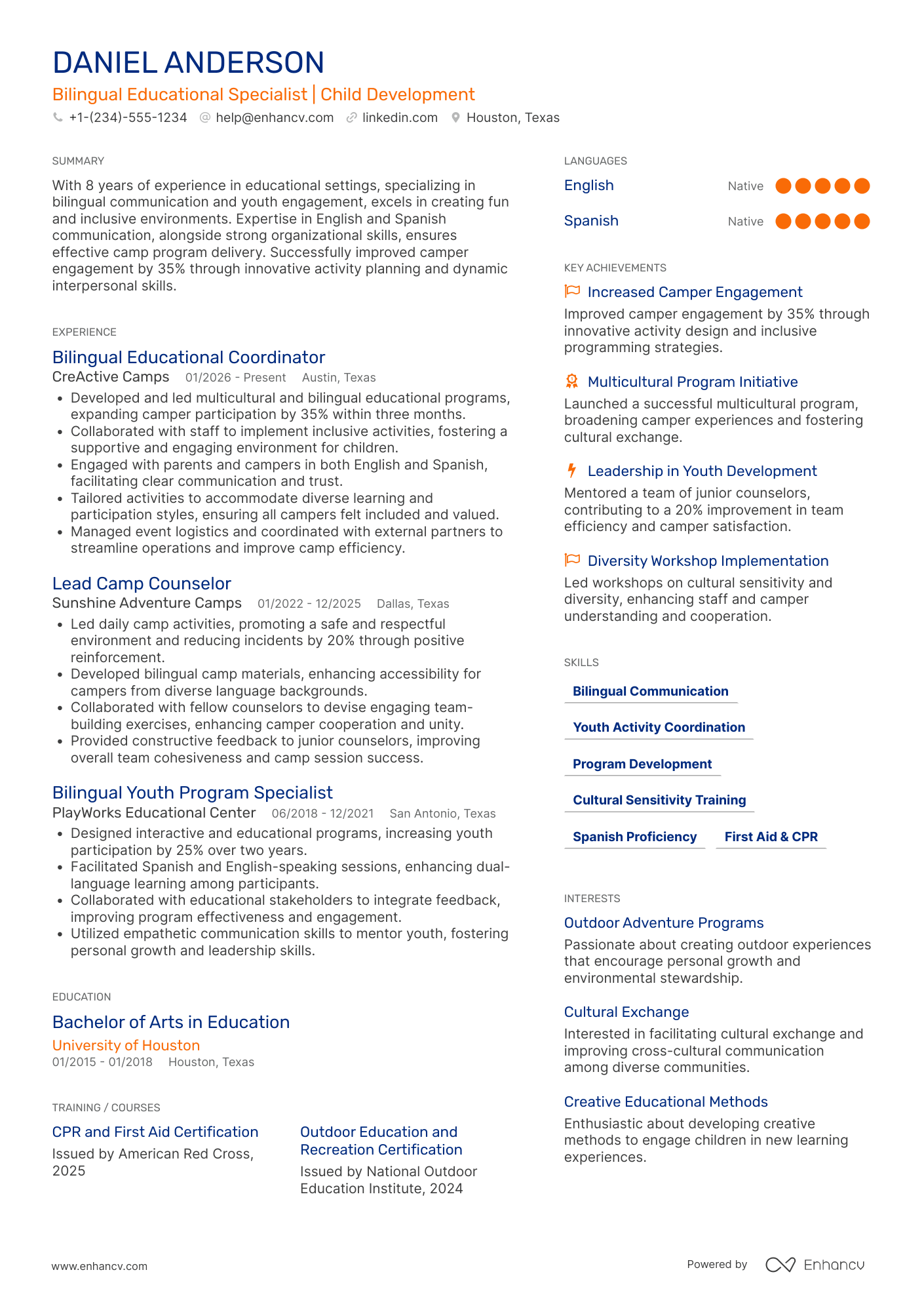 Bilingual Camp Counselor Resume Example