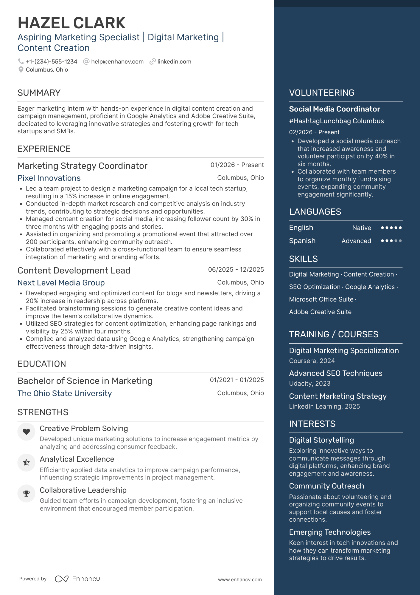 Undergraduate Marketing Intern Resume Example