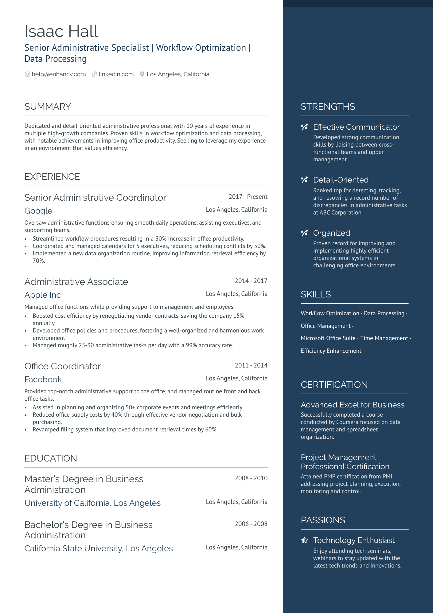 Administrative Secretary Resume Example