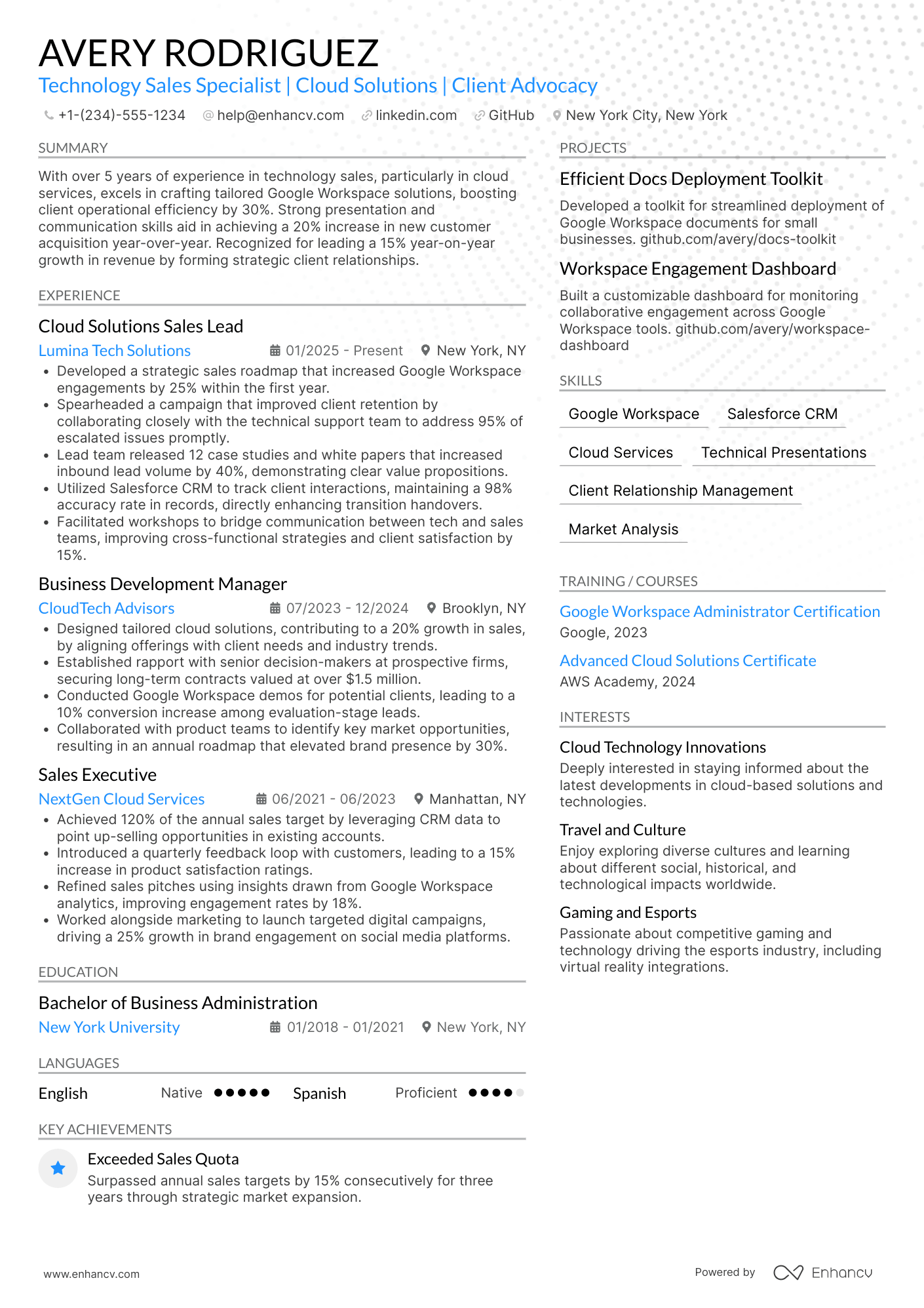 Google Workspace Sales Specialist Resume Example