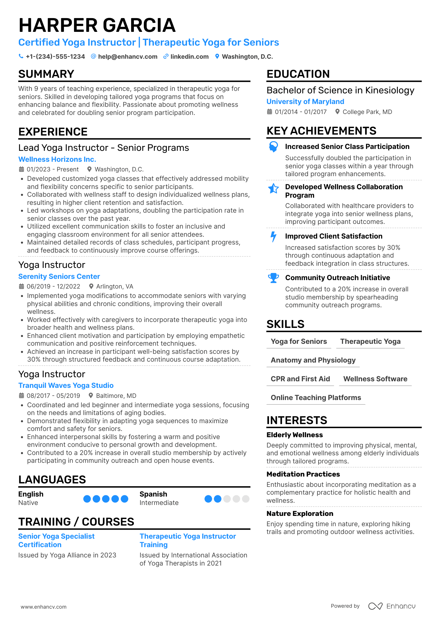 Yoga Teacher for Seniors Resume Example