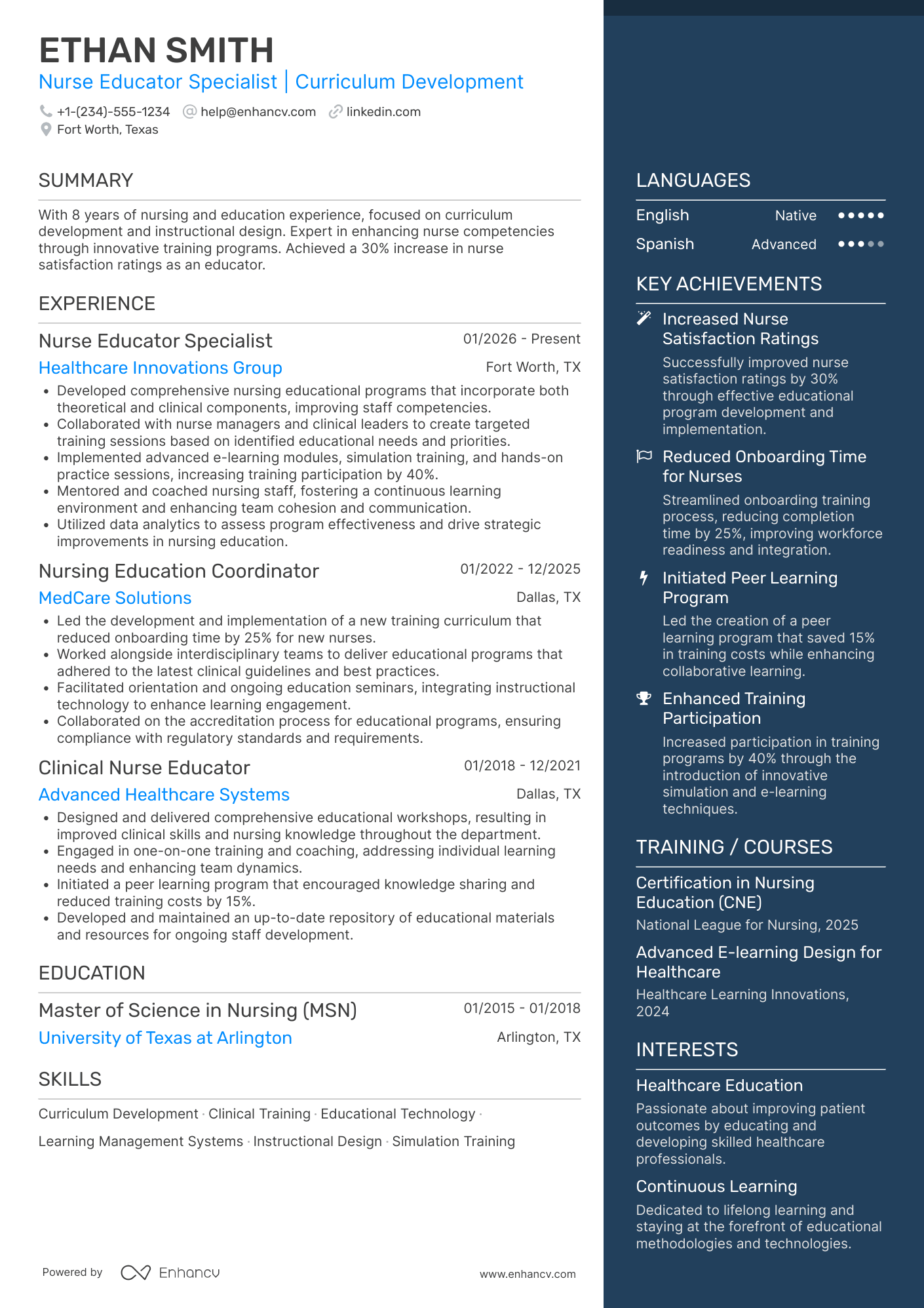 Nurse Educator Specialist Resume Example