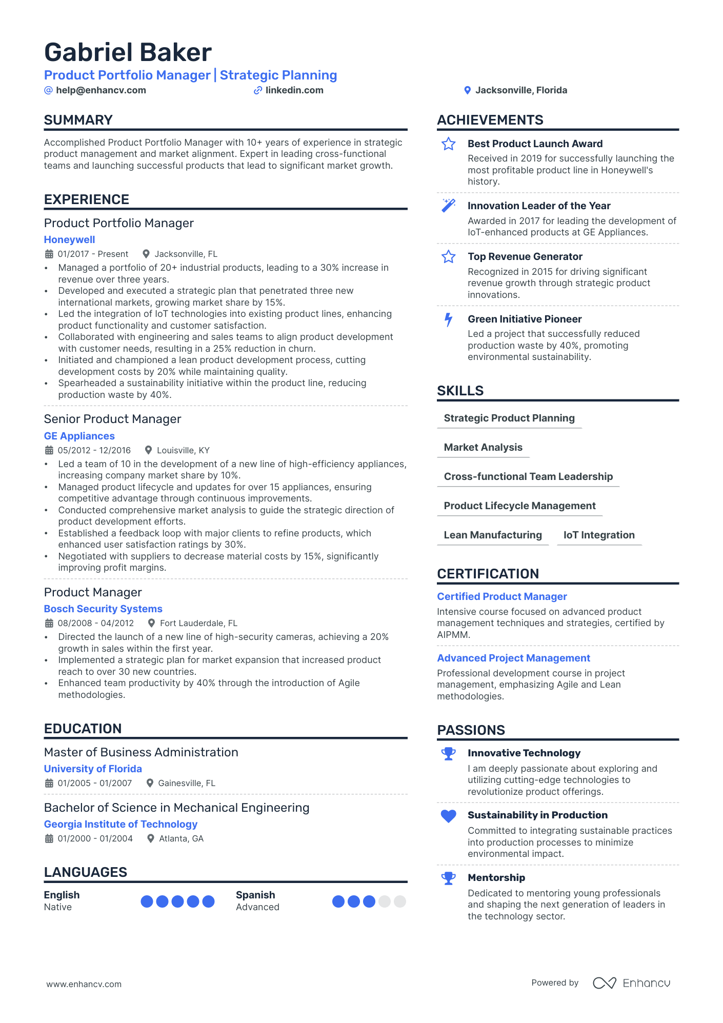 Product Portfolio Manager Resume Example