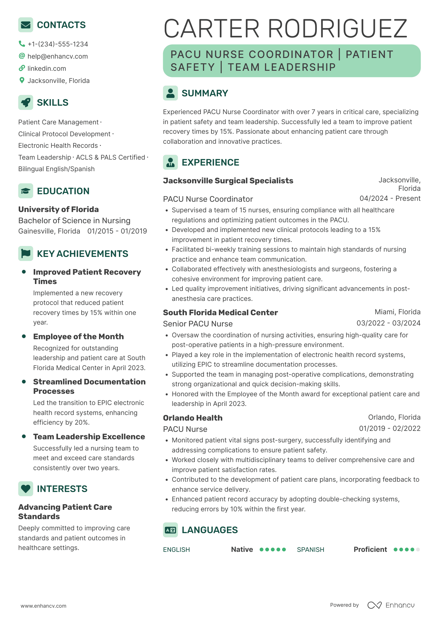 PACU Nurse Coordinator Resume Example