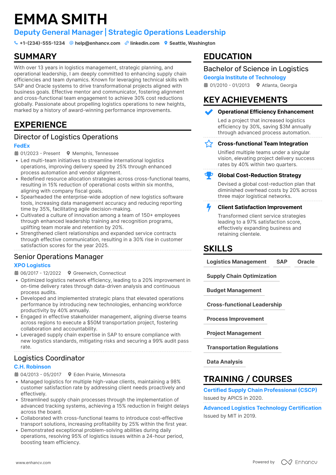 Deputy General Manager Resume Example