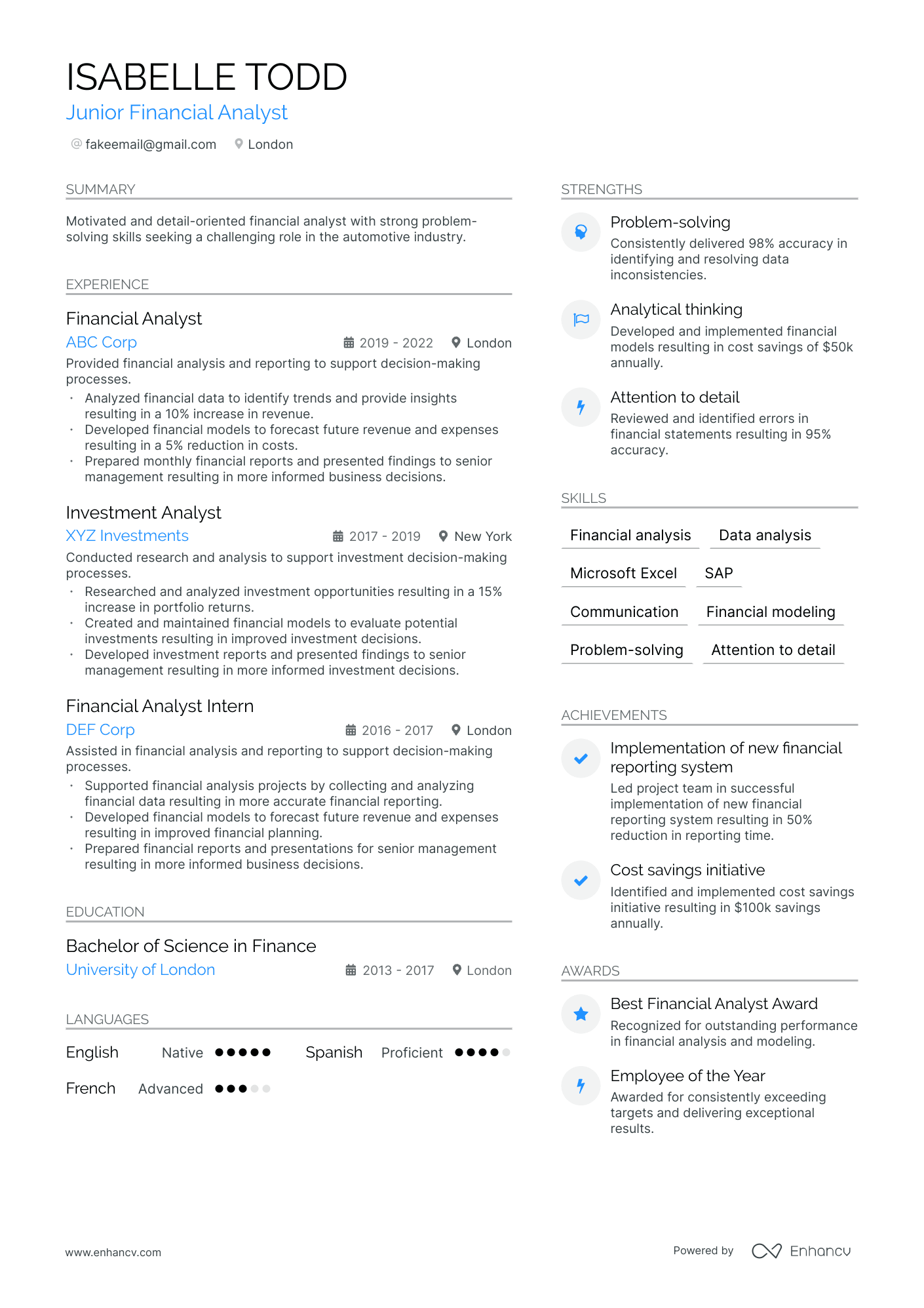Junior Financial Analyst Resume Example