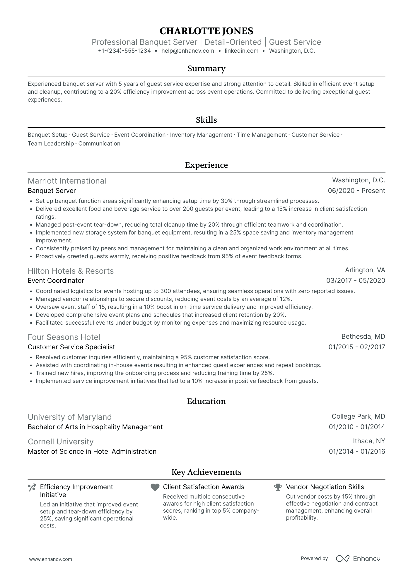 Banquet Waitress Resume Example