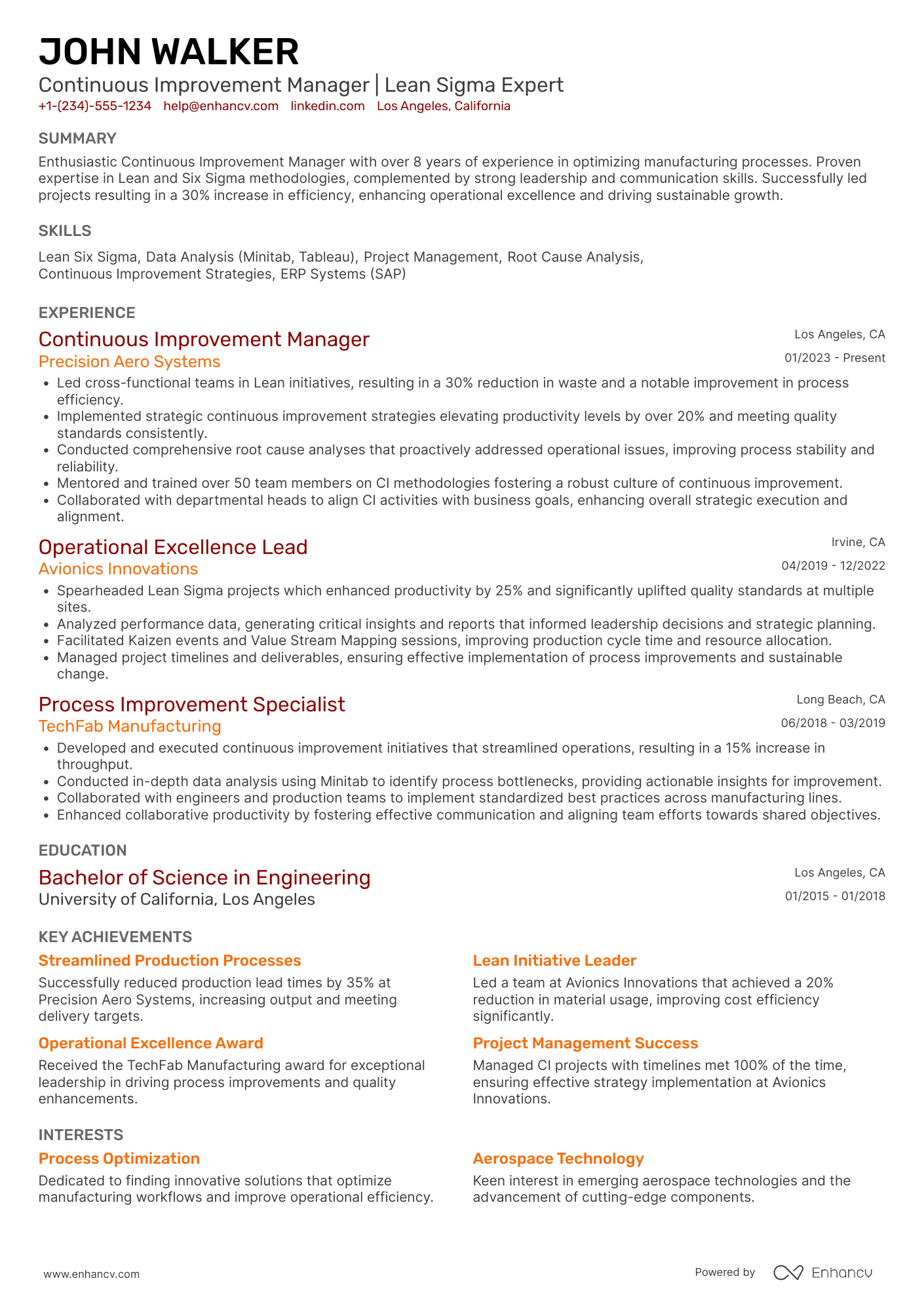 Continuous Improvement Manager Resume Example