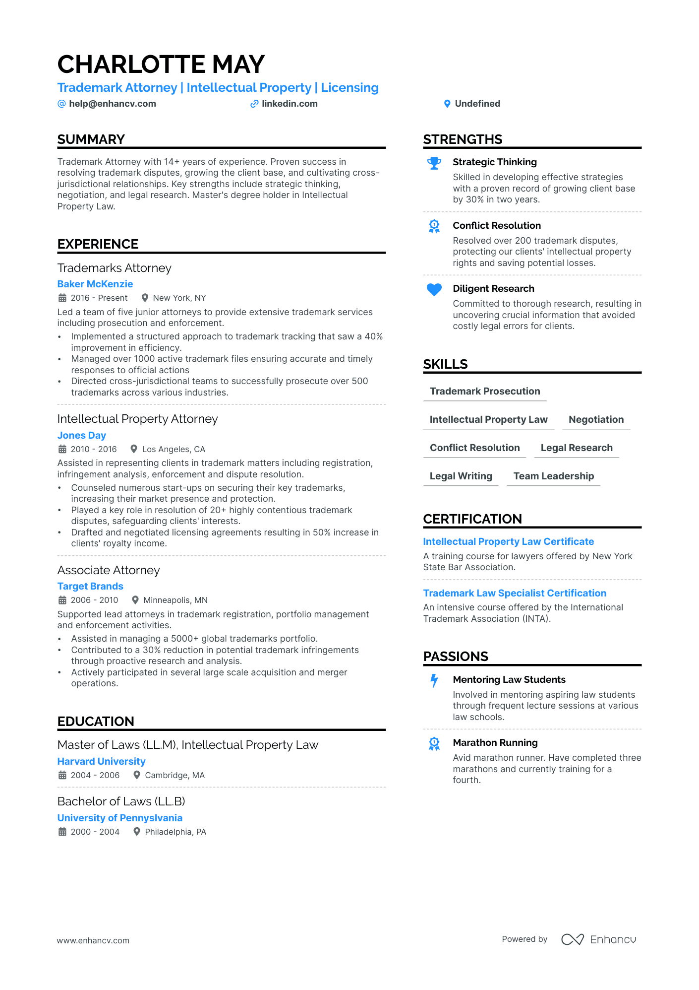 Trademark Attorney Resume Example
