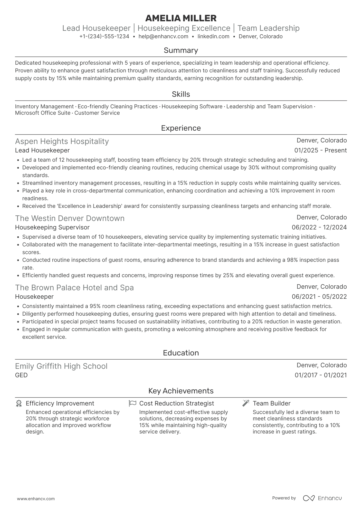 Lead Housekeeper Resume Example