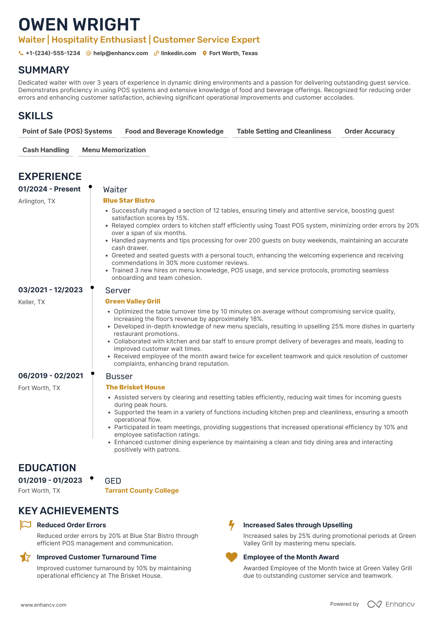 Waiter Resume Example