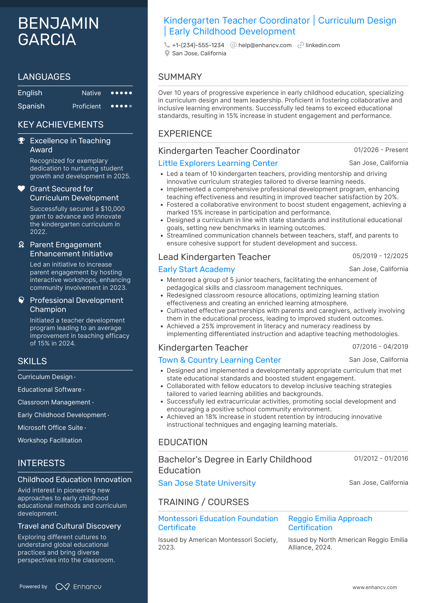 Kindergarten Teacher Coordinator Resume Example