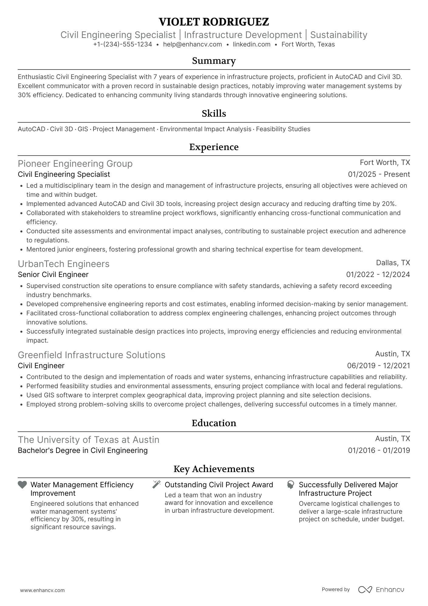 Civil Engineering Specialist Resume Example