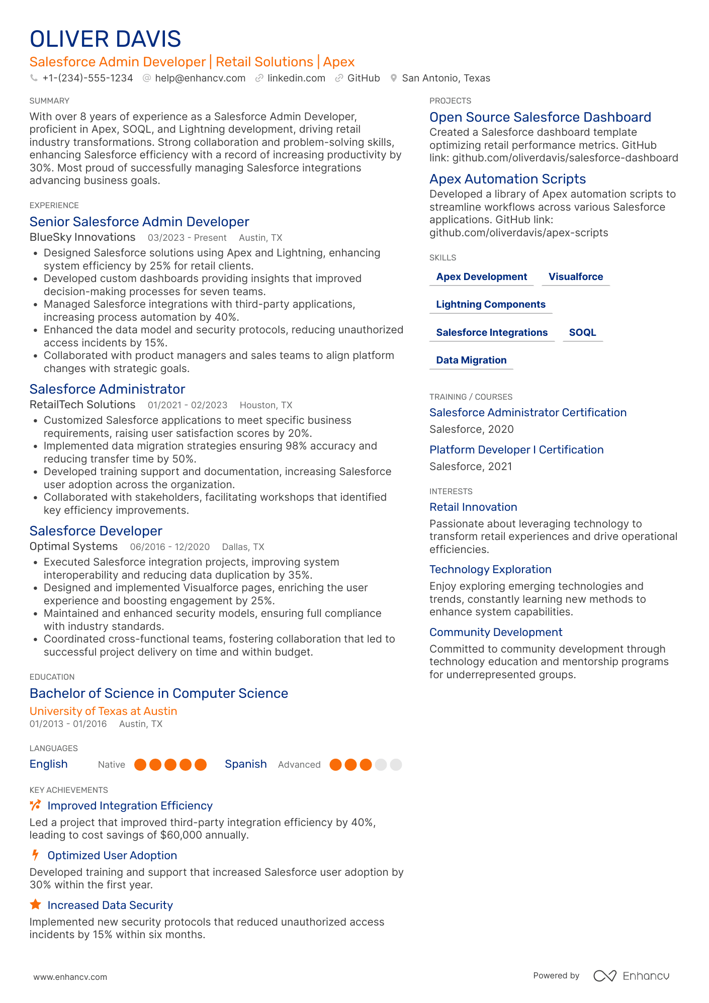 Salesforce Admin Developer Resume Example