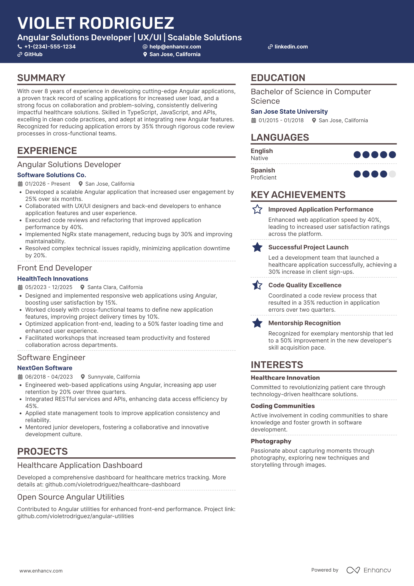 Angular Solutions Developer Resume Example
