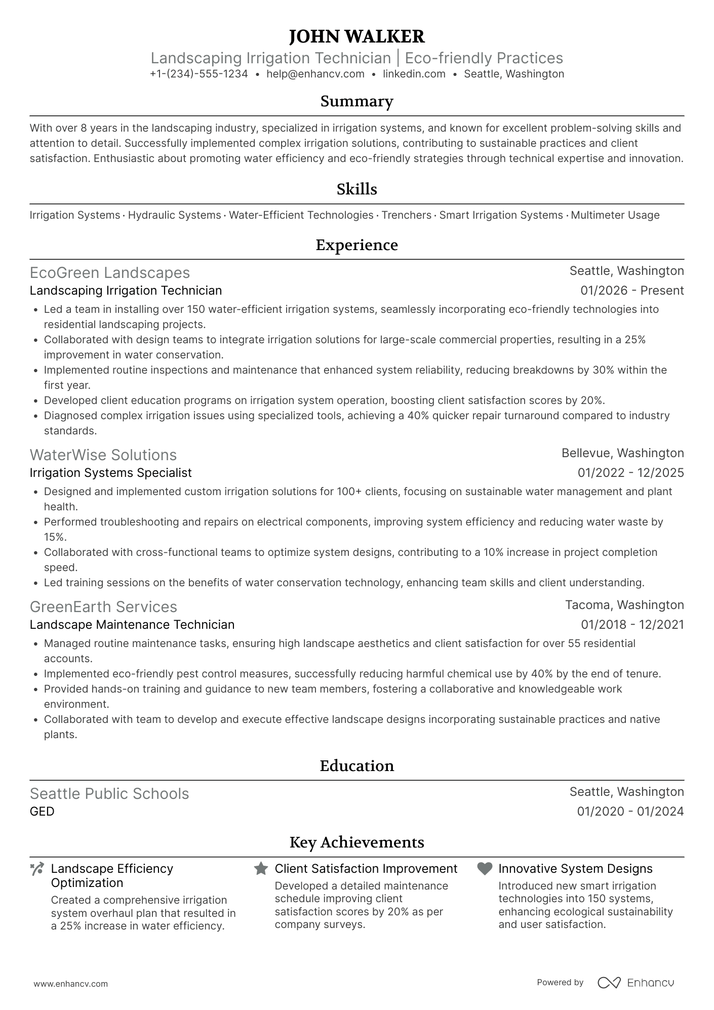 Landscaping Irrigation Technician Resume Example