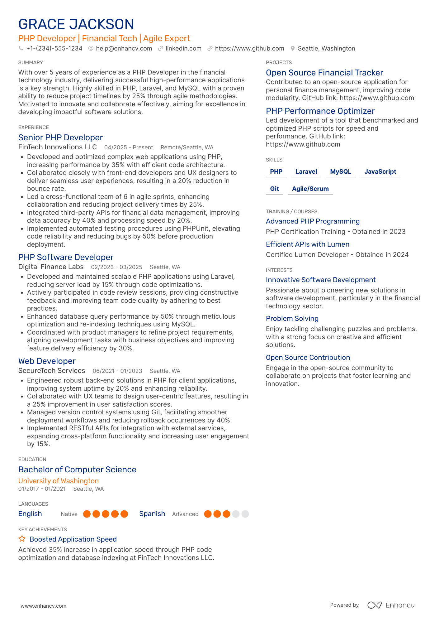 PhP Software Developer Resume Example