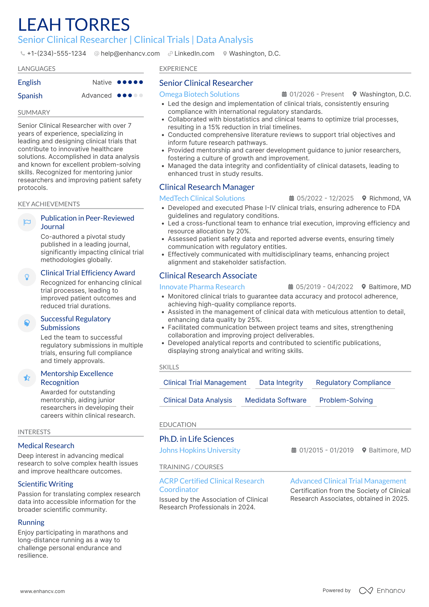 Senior Clinical Researcher Resume Example