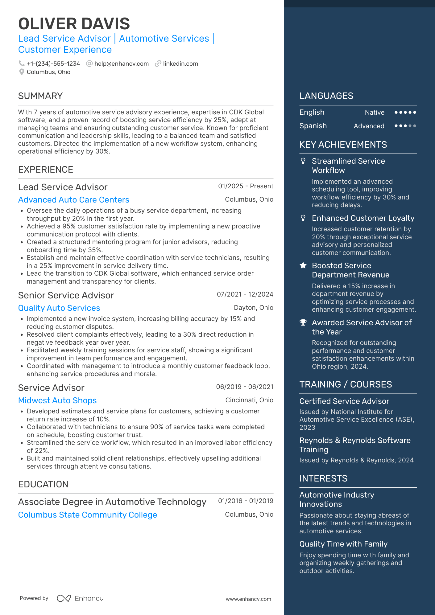 Lead Service Advisor Resume Example