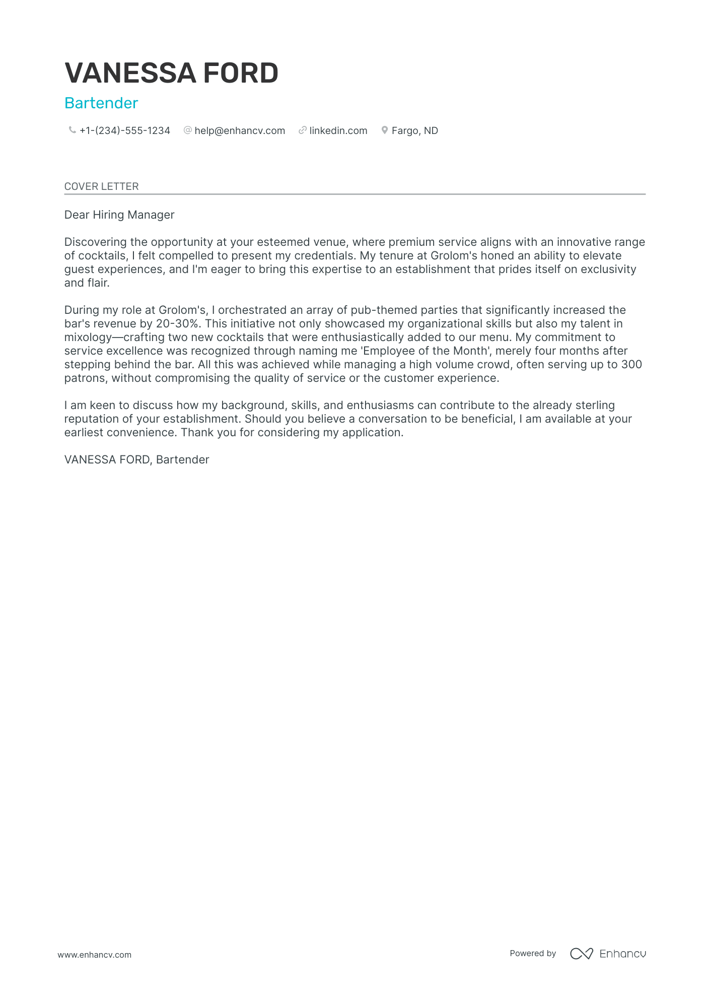 Entry Level Bartender Resume Example