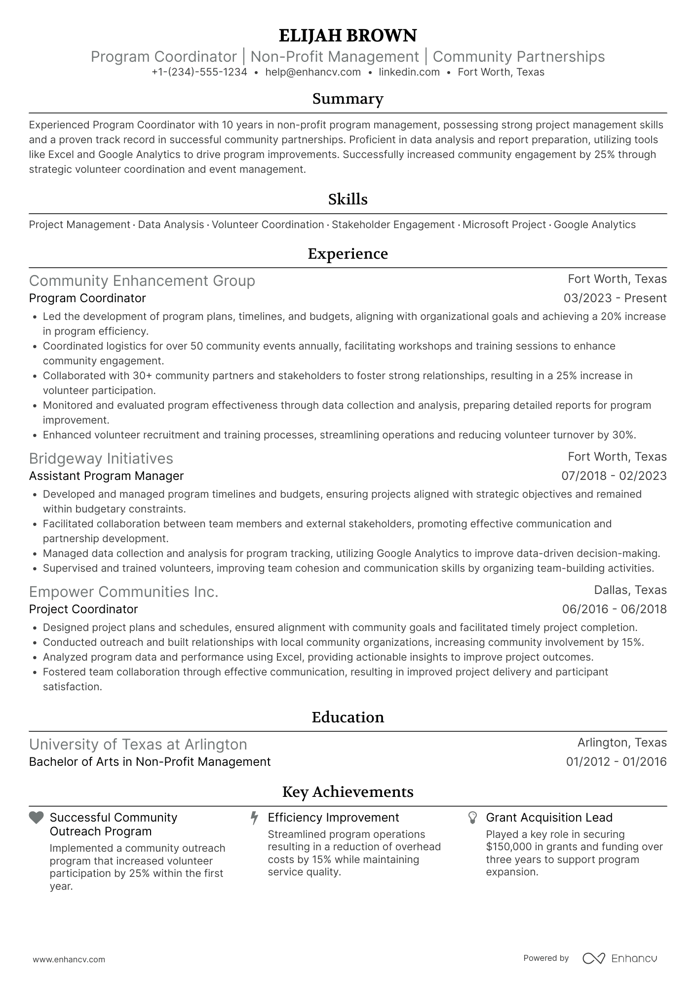 Non Profit Program Coordinator Resume Example