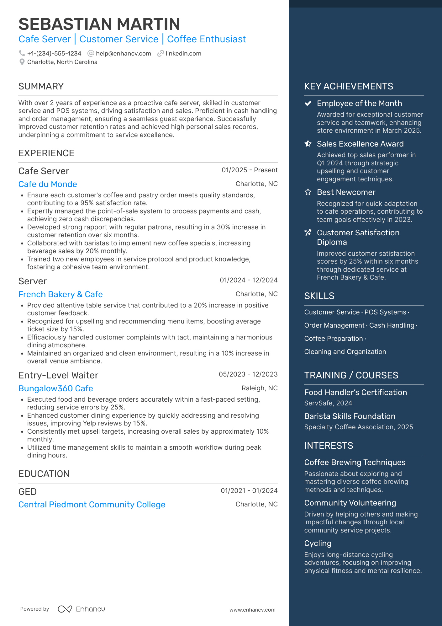 Cafe Waitress Resume Example