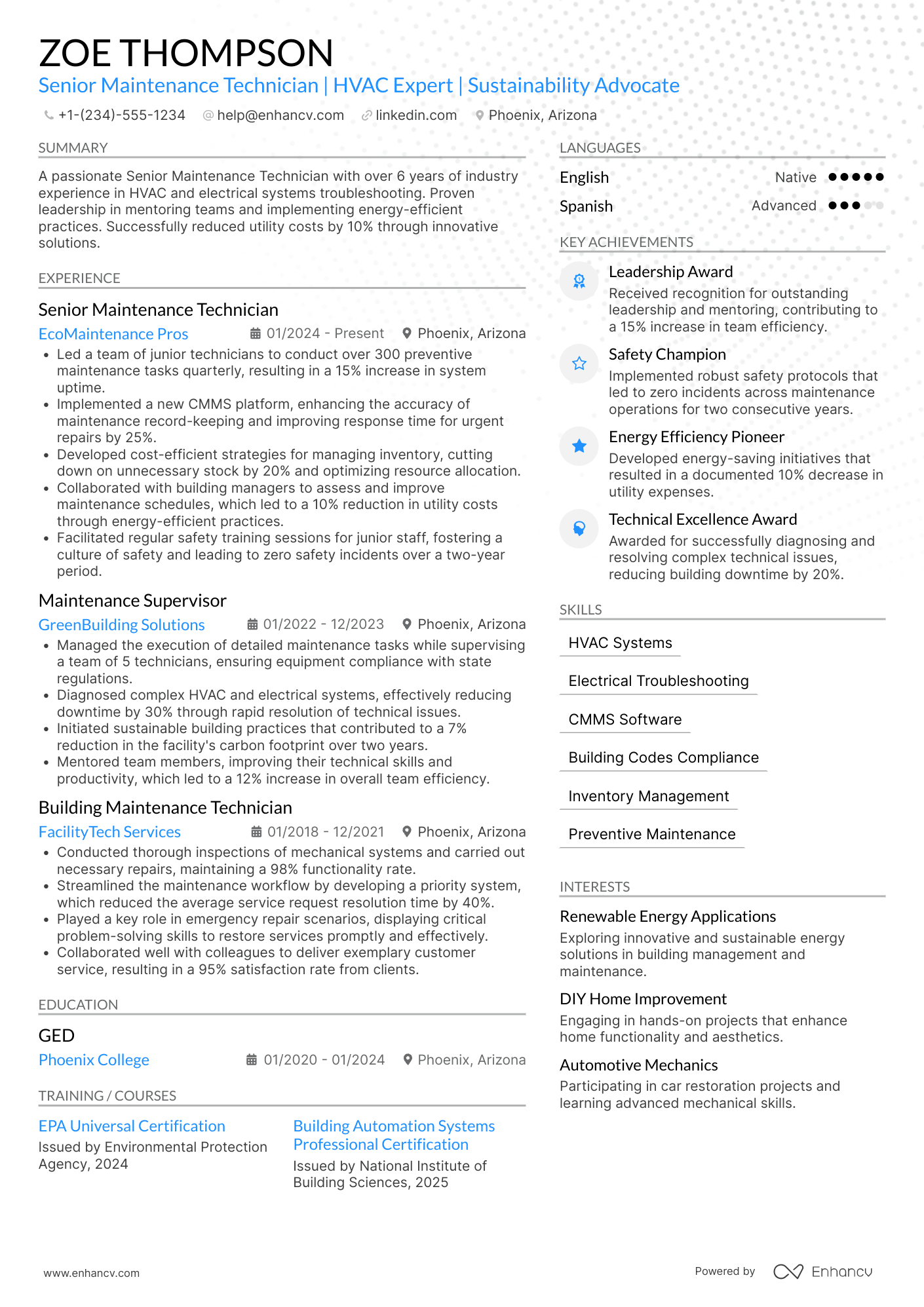 Senior Maintenance Technician Resume Example