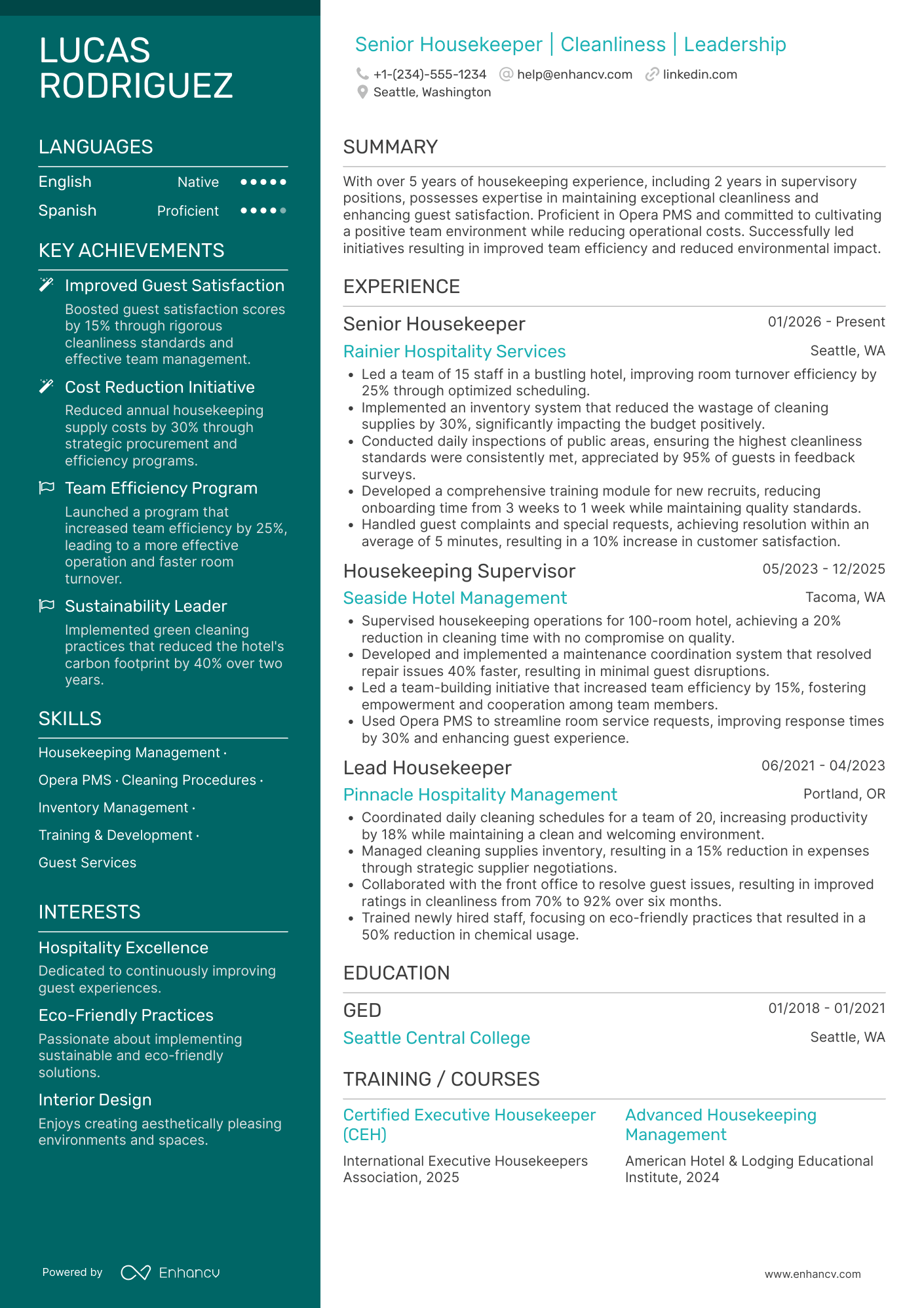 Senior Housekeeper Resume Example