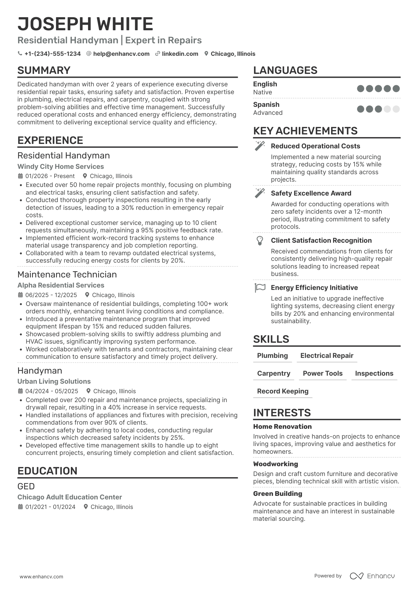 Residential Handyman Resume Example