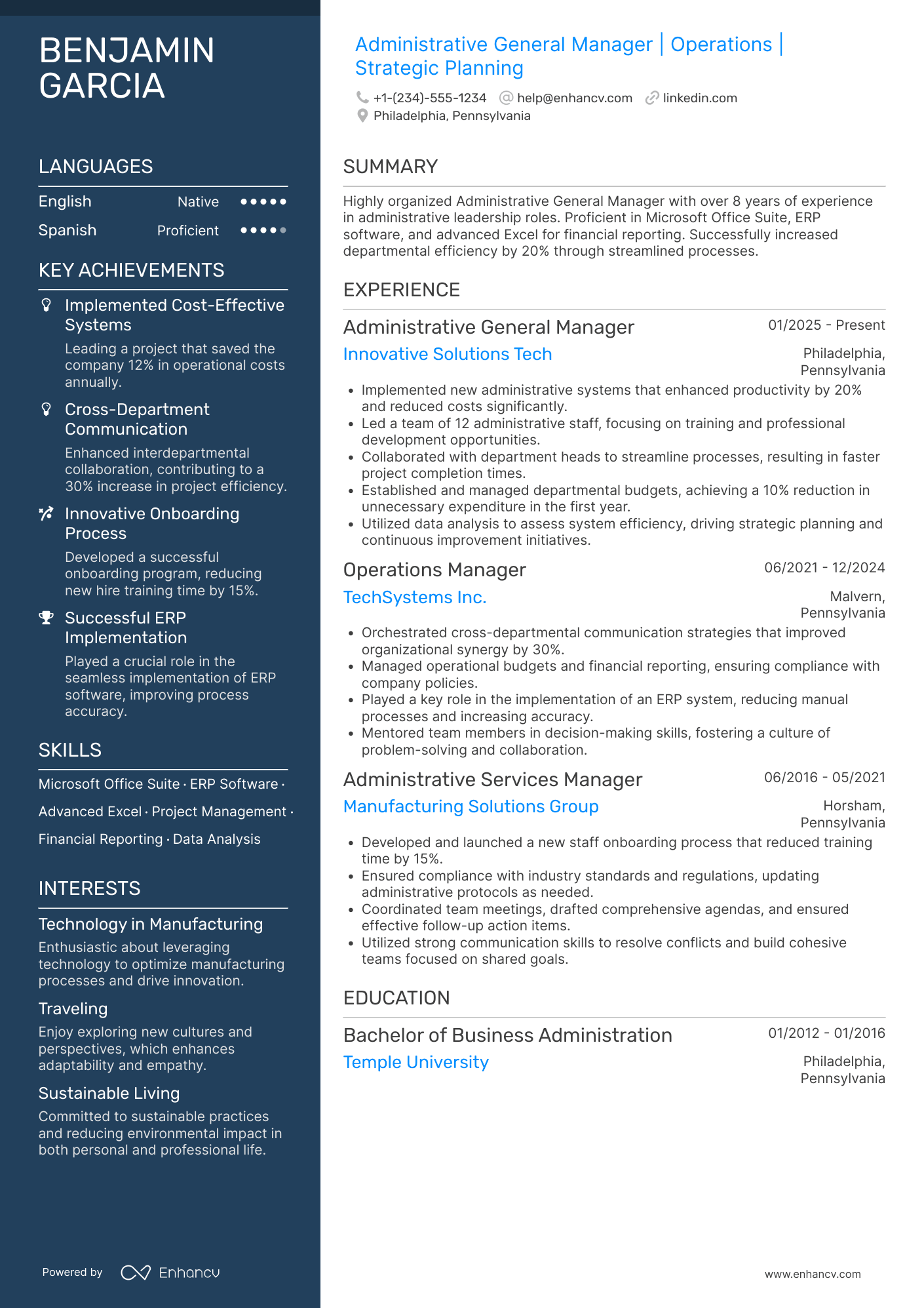 Administrative General Manager Resume Example