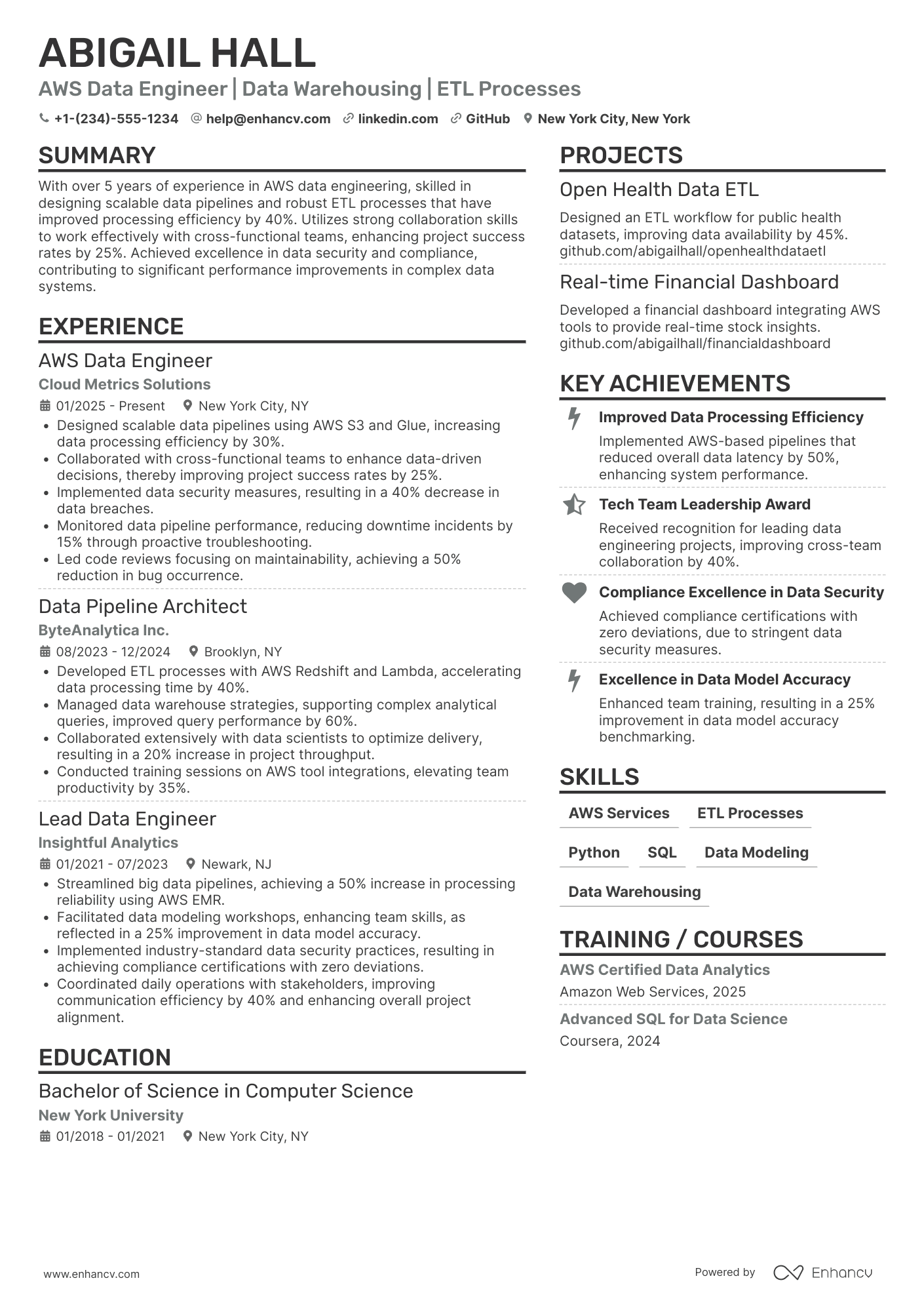 Experienced AWS Data Engineer Resume Example