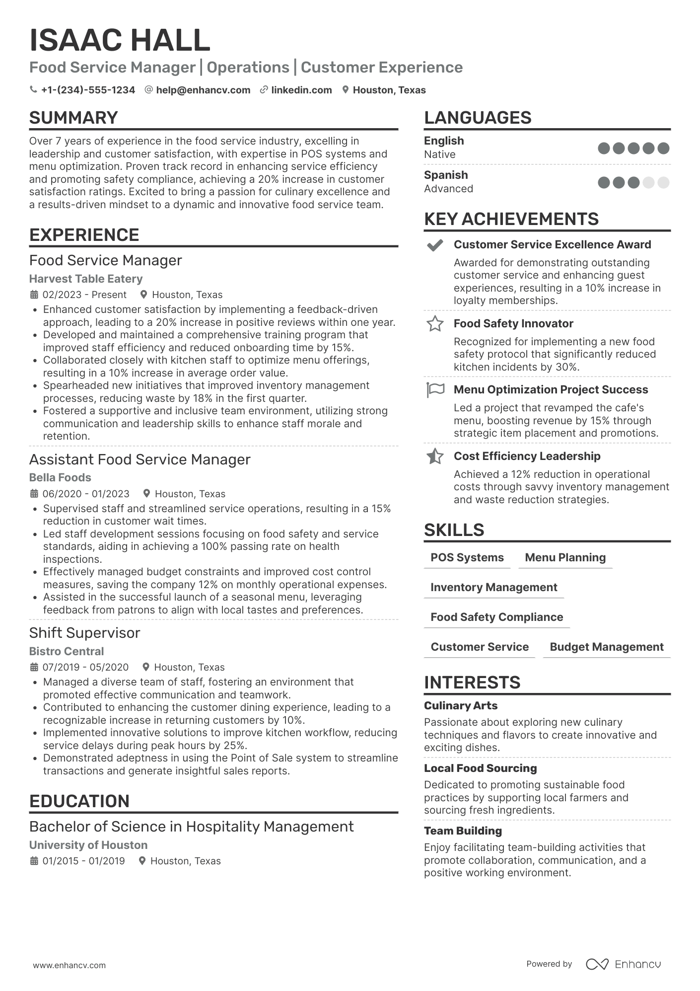 Food Service Assistant Manager Resume Example