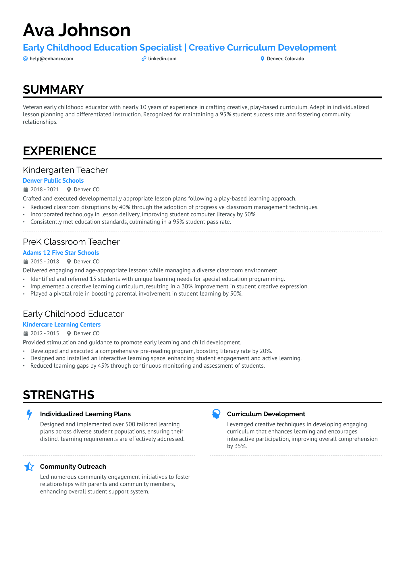 Early Childhood Educator Preschool Teacher Resume Example