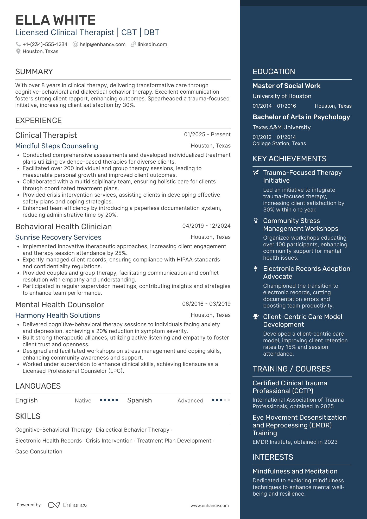 Clinical Therapist Resume Example