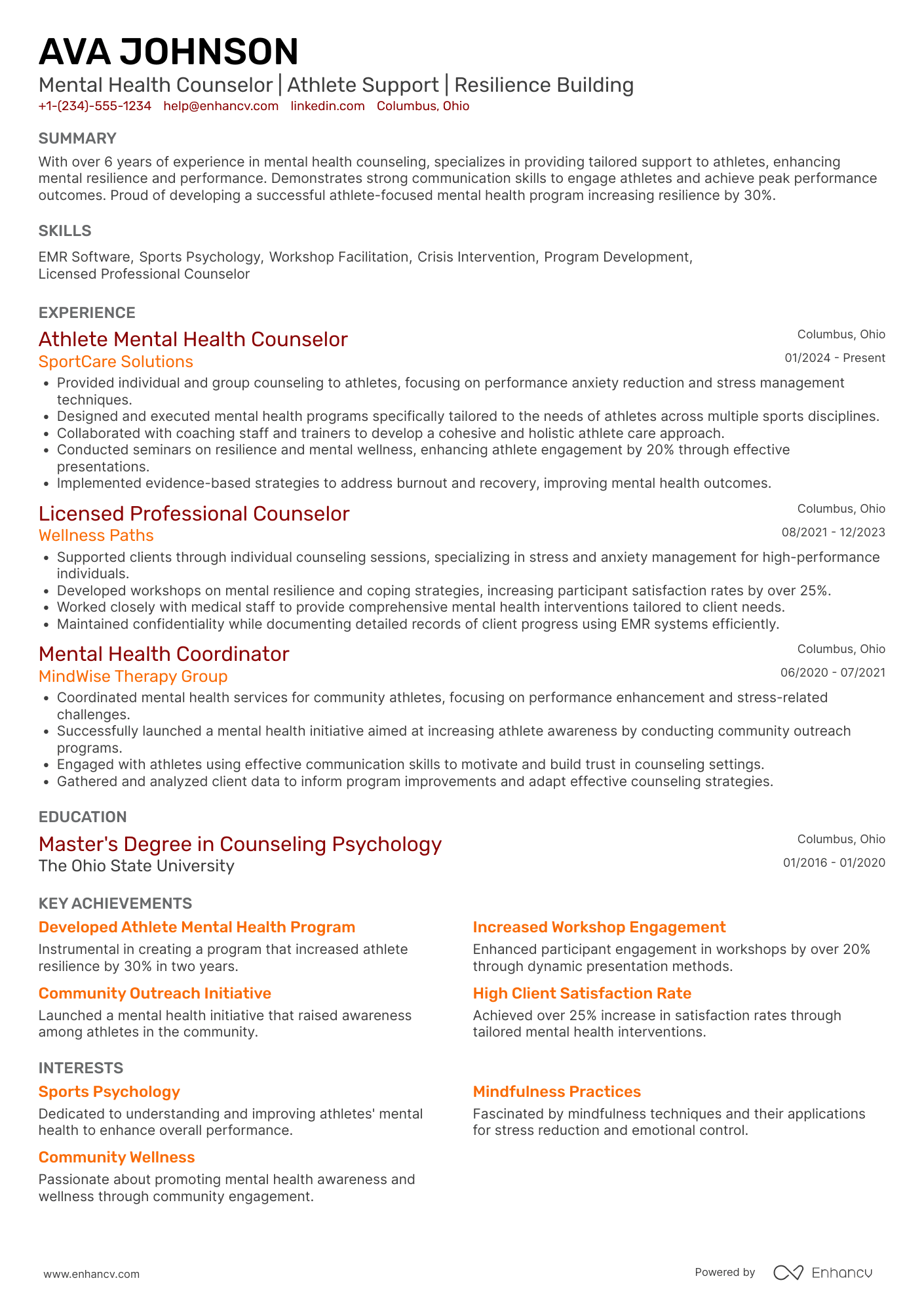 Athlete Mental Health Counselor Resume Example