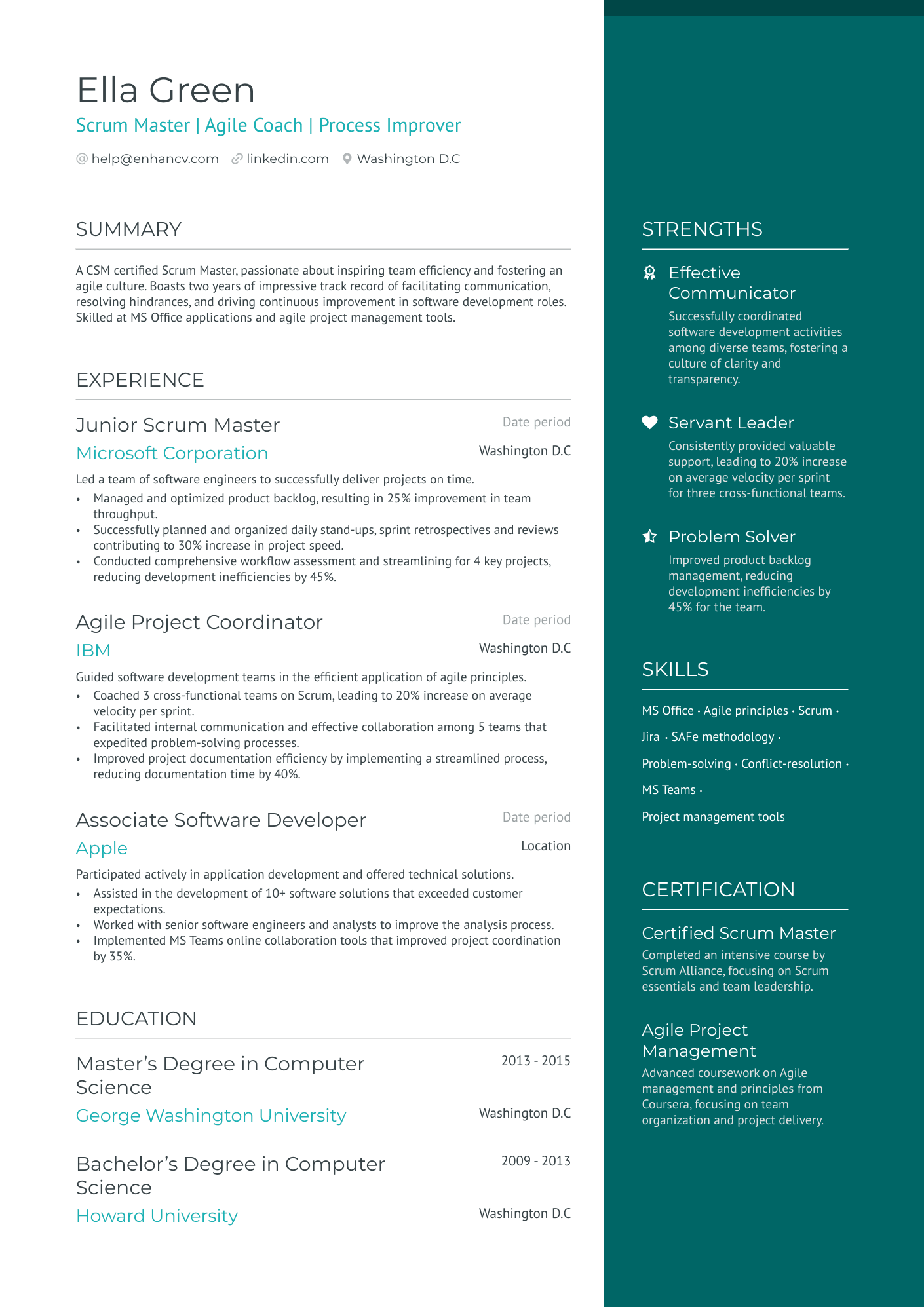 Junior Scrum Master Resume Example