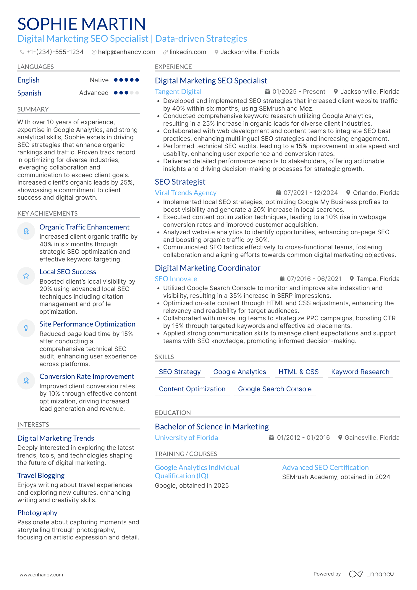 Digital Marketing SEO Specialist Resume Example