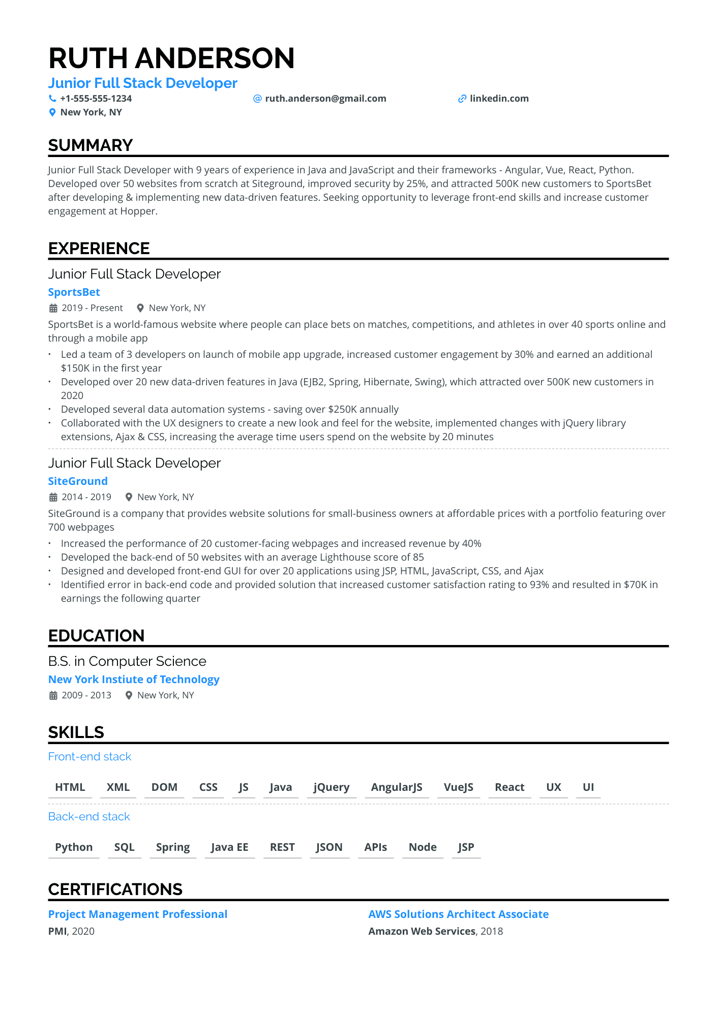 Junior Full Stack Developer Resume Example