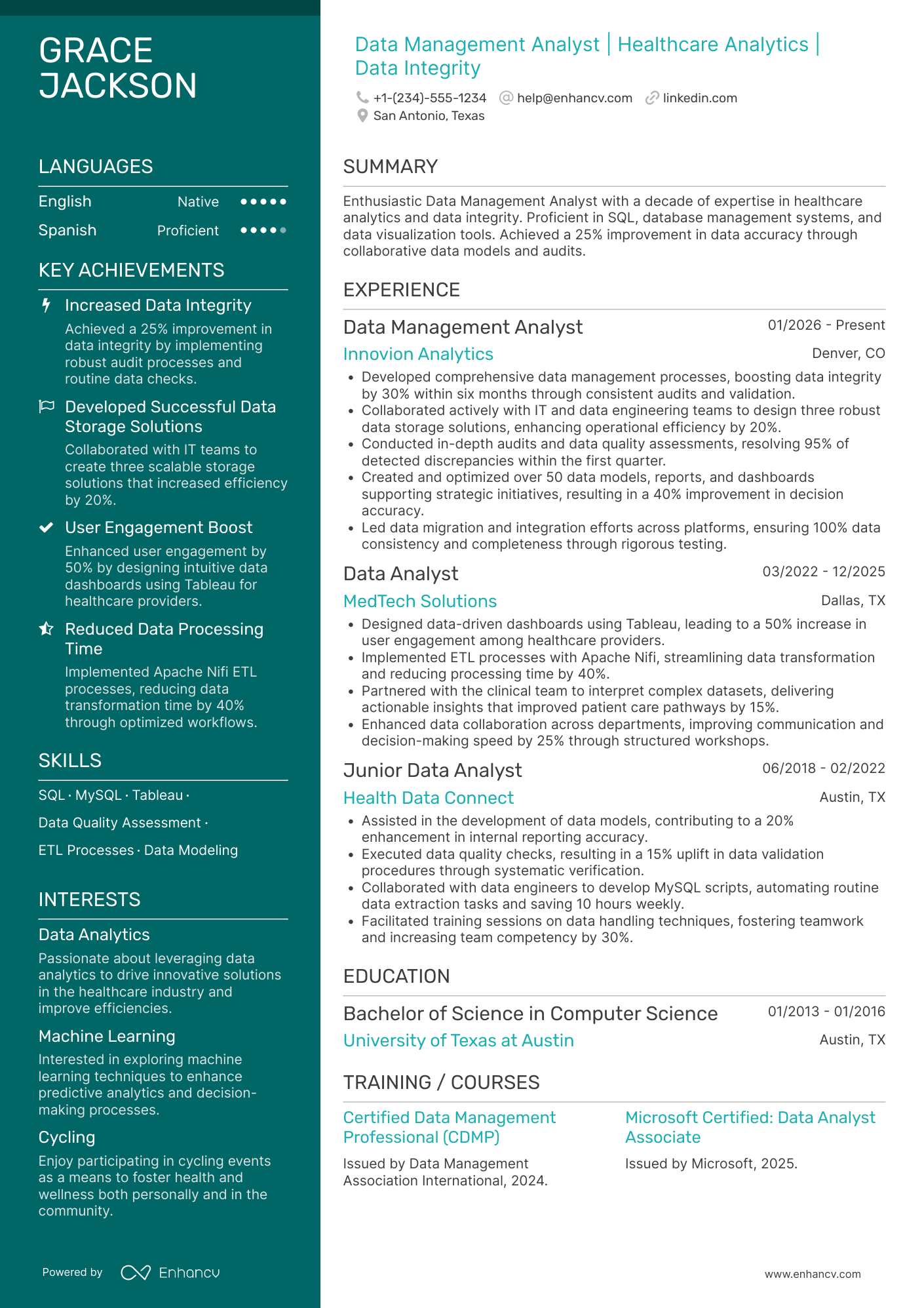 Data Management Analyst Resume Example