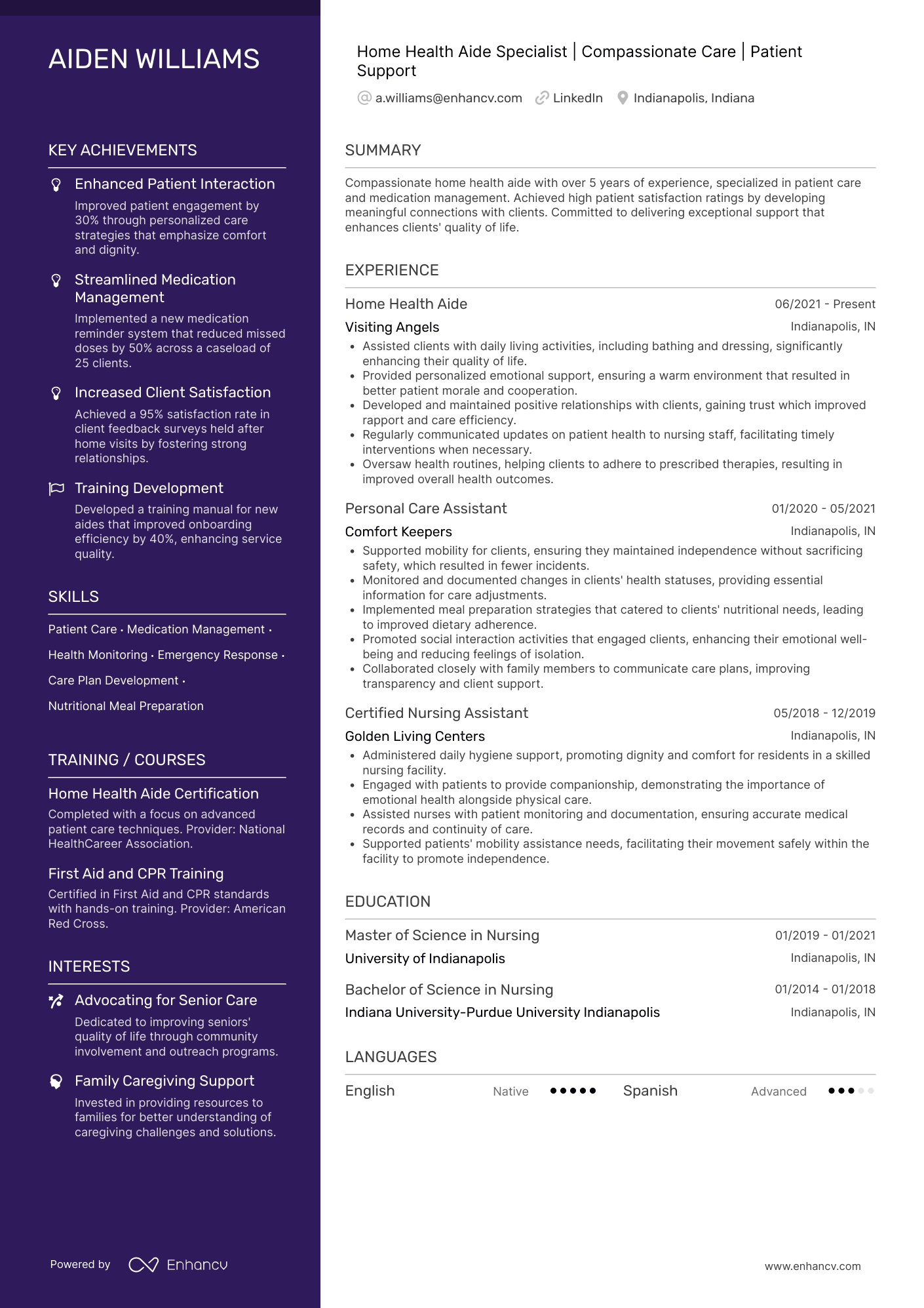 Home Health Aide Specialist Resume Example