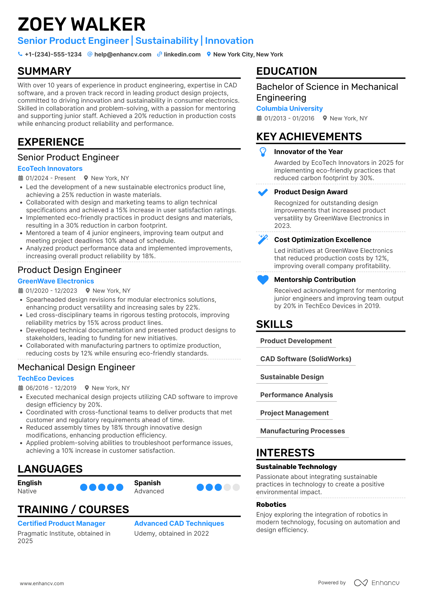 Senior Product Engineer Resume Example