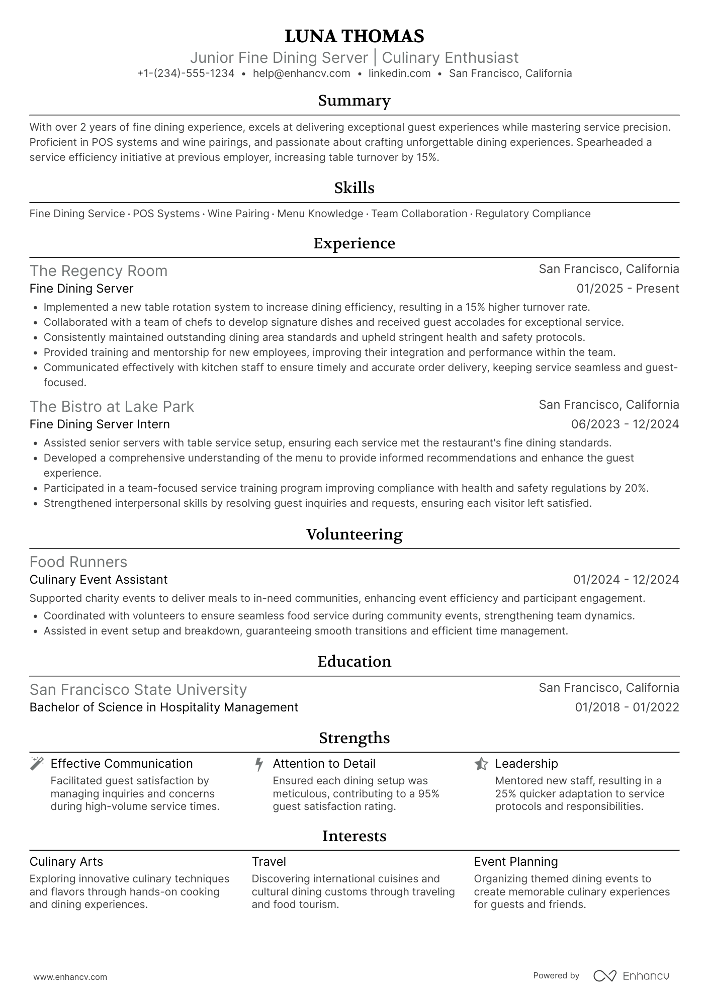 Junior Fine Dining Server Resume Example