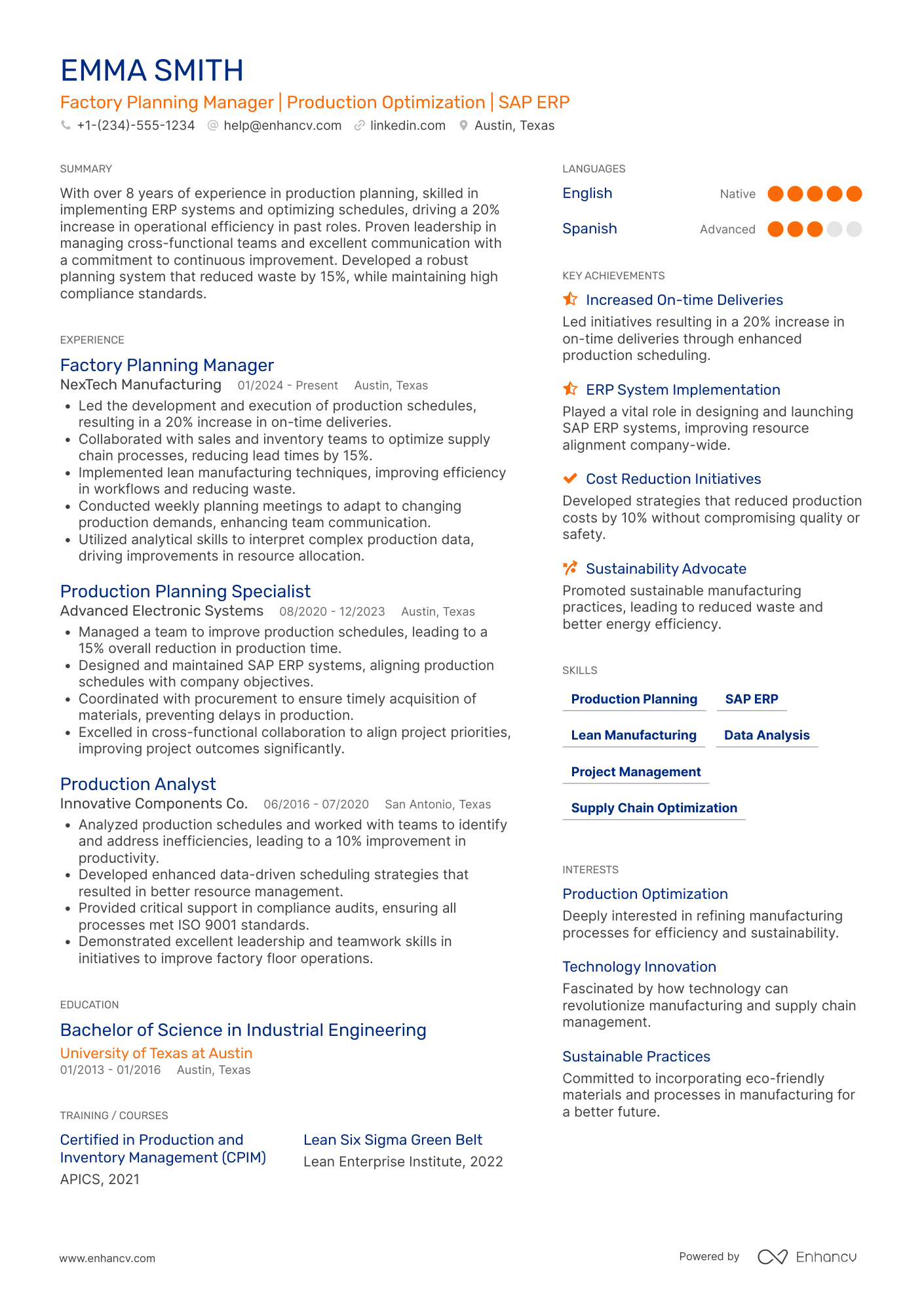 Factory Planning Manager Resume Example