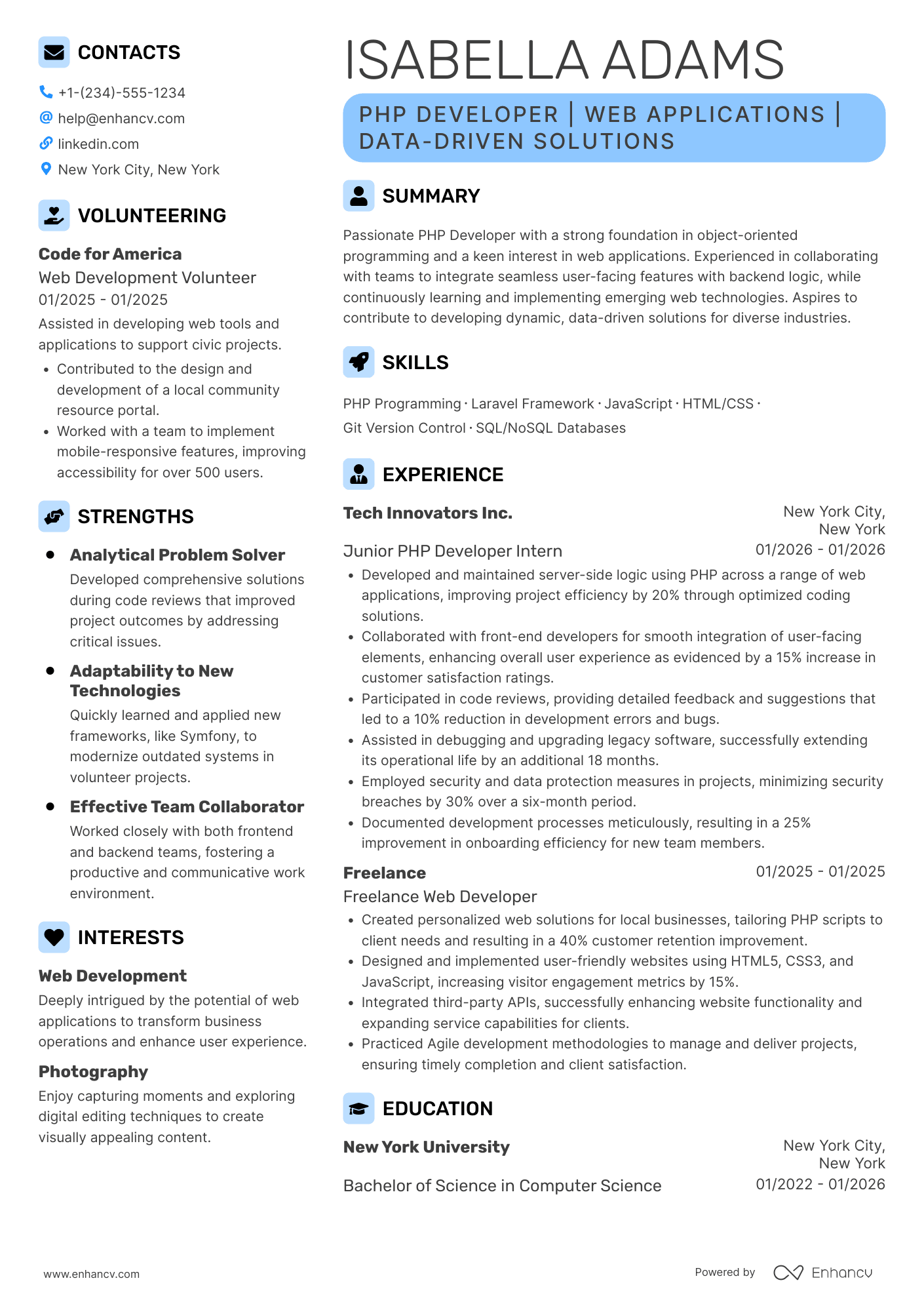 Entry Level PhP Developer Resume Example
