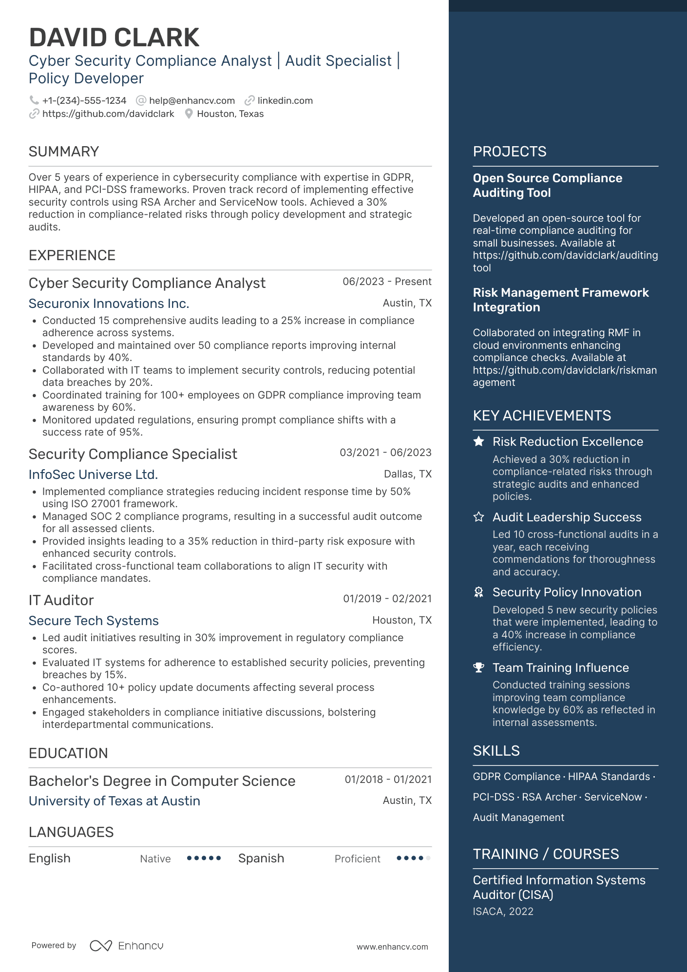Cyber Security Compliance Analyst Resume Example